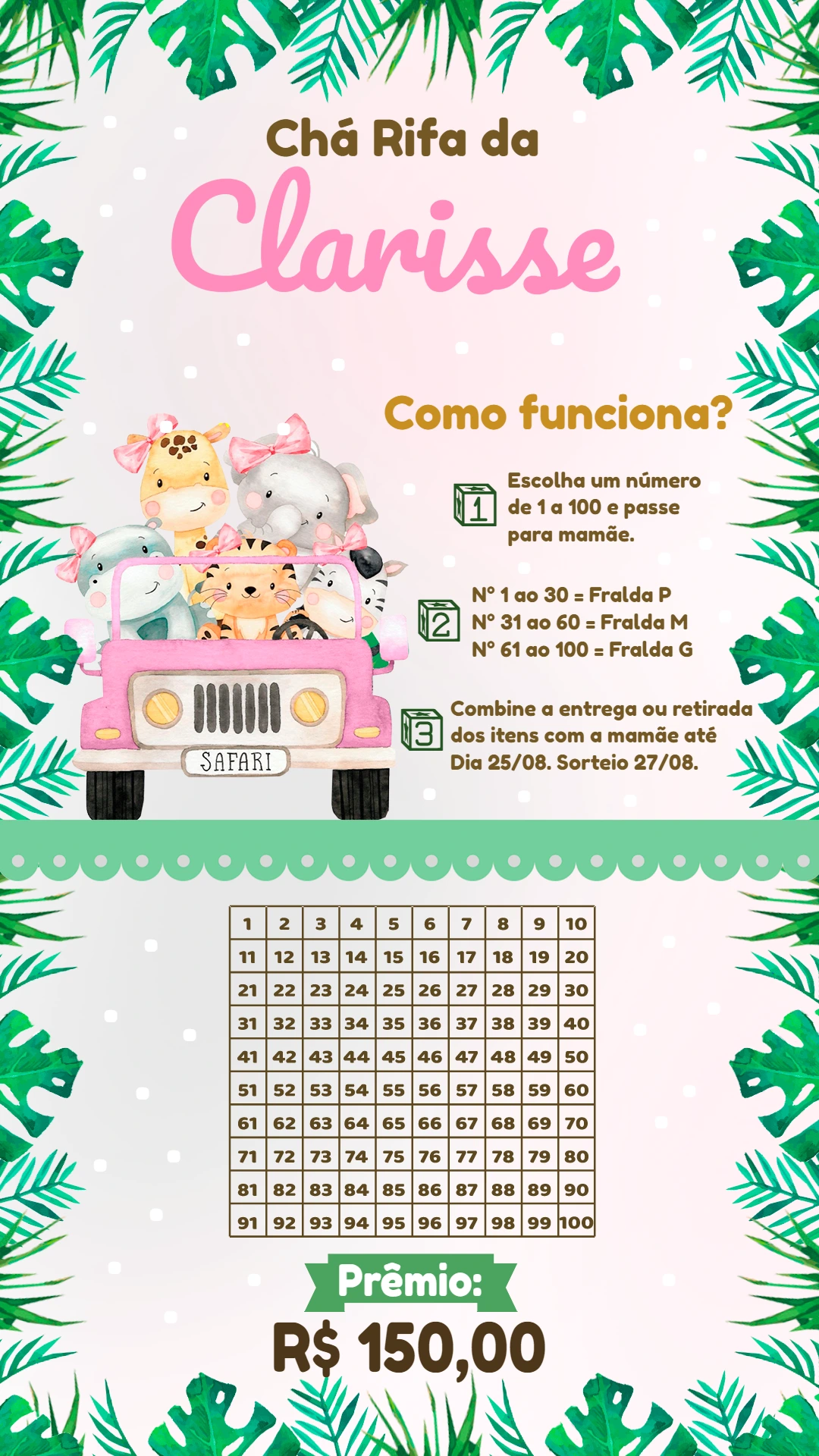 Chá Rifa Safari Menina com Animais Editável Online