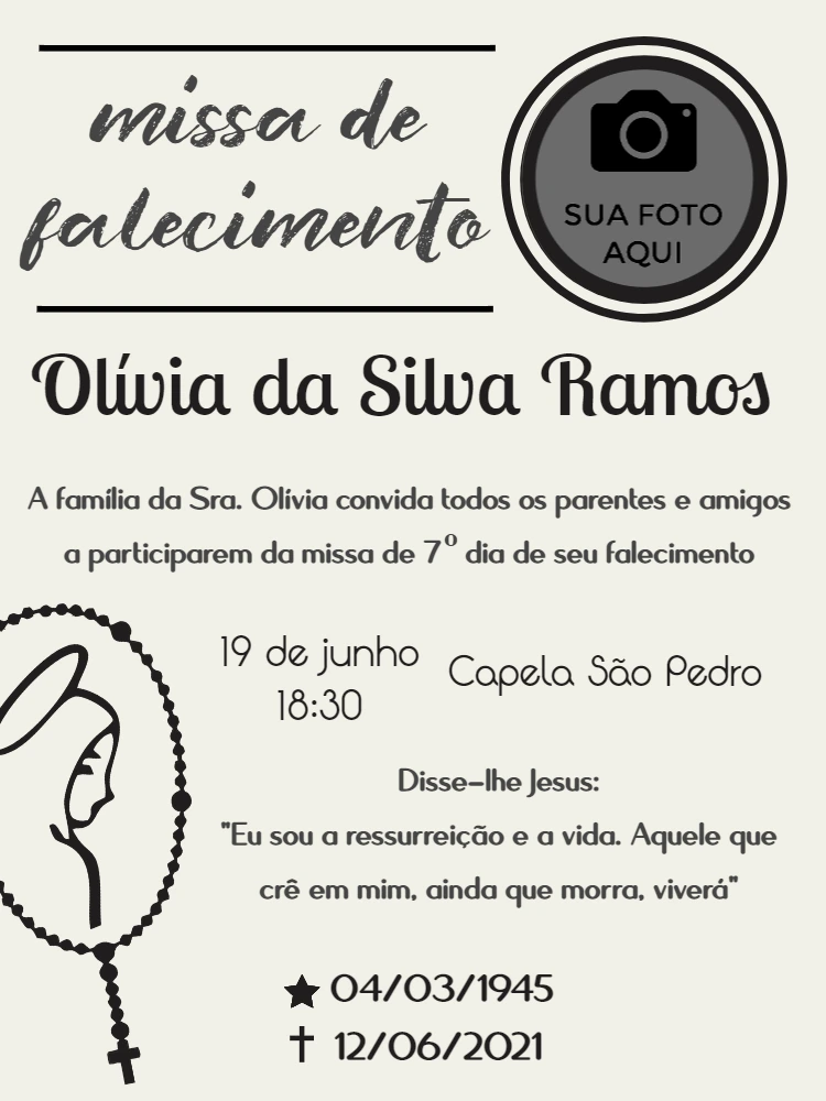 Convite Missa de Falecimento com Foto para Editar Online