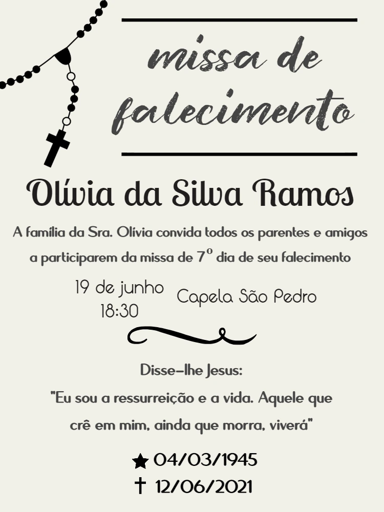 Convite Missa de Falecimento com Terço para Editar Online