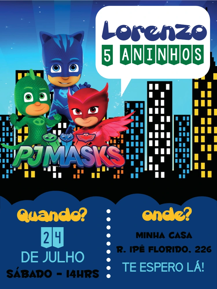 Convite de Aniversário PJ Masks com Heróis para Editar Online