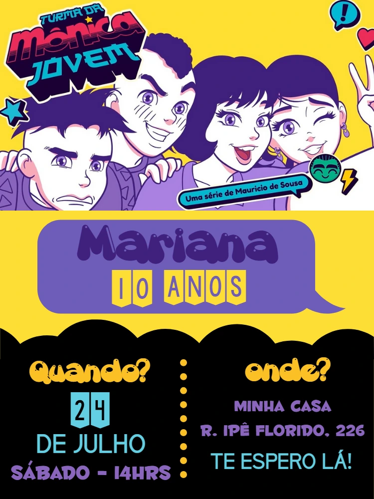 Convite Aniversário Turma da Mônica Jovem para Editar Online