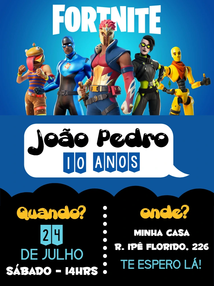 Convite de Aniversário Fortnite com Personagens para Editar