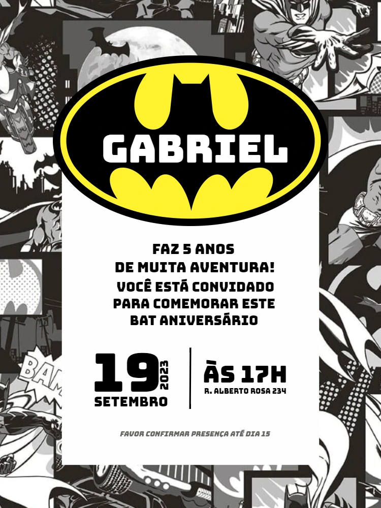 Convite Aniversário Batman Quadrinhos para Editar Online