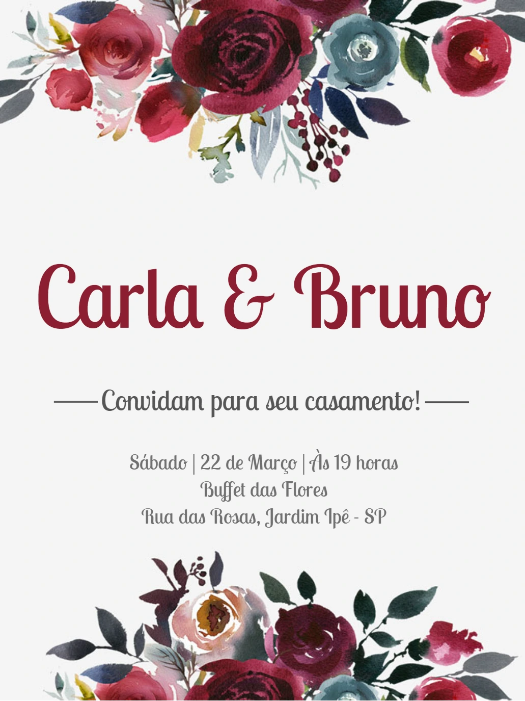Convite de Casamento Floral Aquarela Marsala para Editar Online