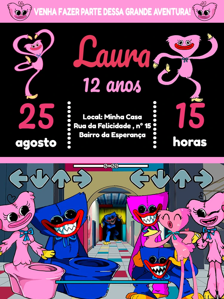 Convite de Aniversário Huggy Wuggy e Kissy Missy para Editar