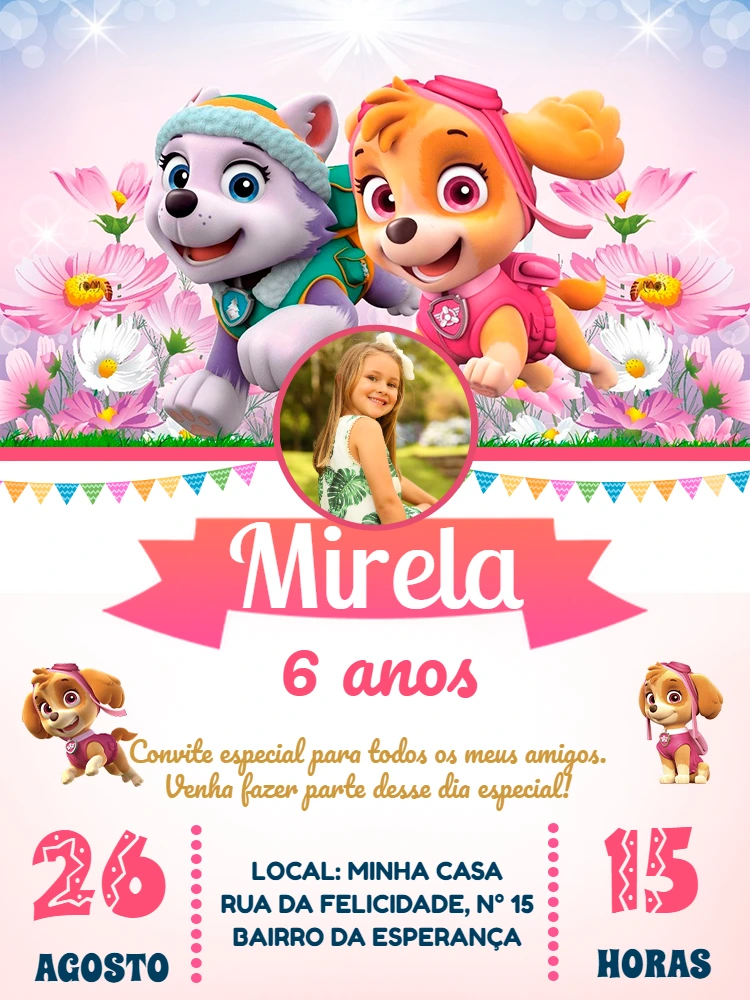 Convite Aniversário Patrulha Canina Skye com Foto para Editar