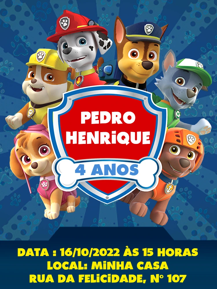 Convite de Aniversário Patrulha Canina para Editar Online