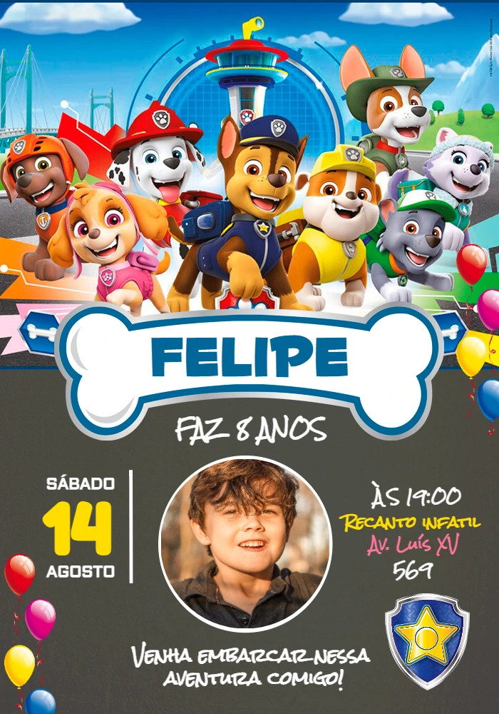 Convite Aniversário Patrulha Canina com Foto para Editar Online