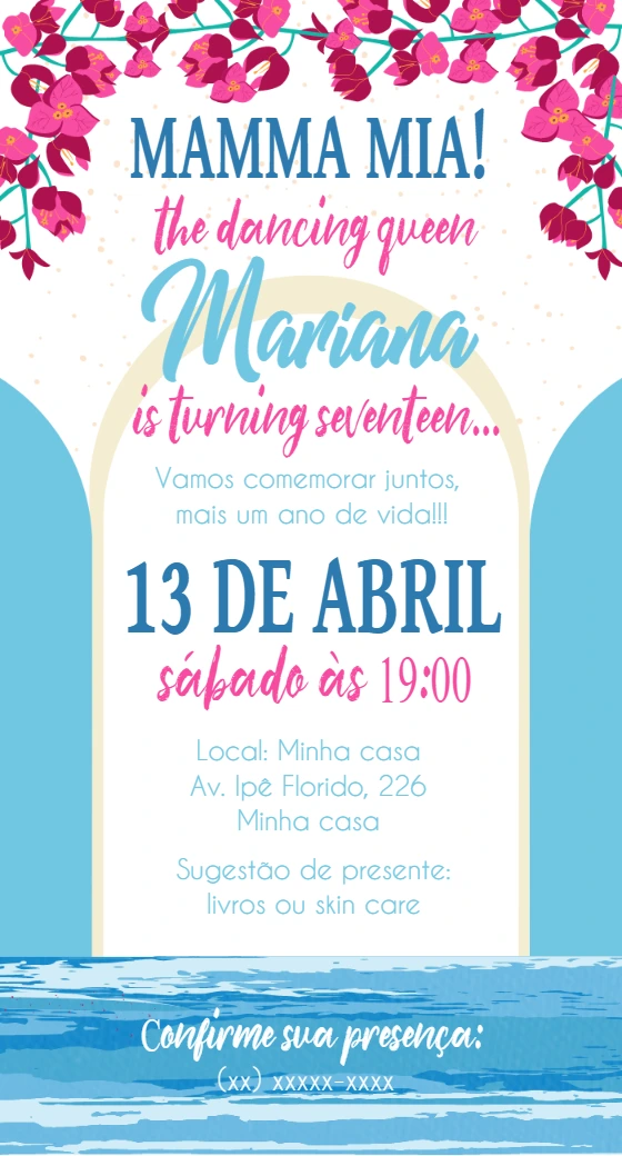 Convite de Aniversário Mamma Mia Floral para Editar Online