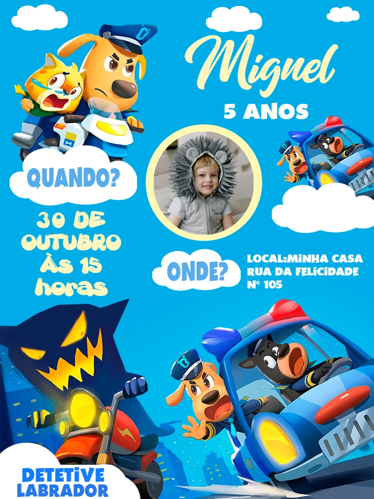 Convite Aniversário Detetive Labrador com Foto para Editar Online