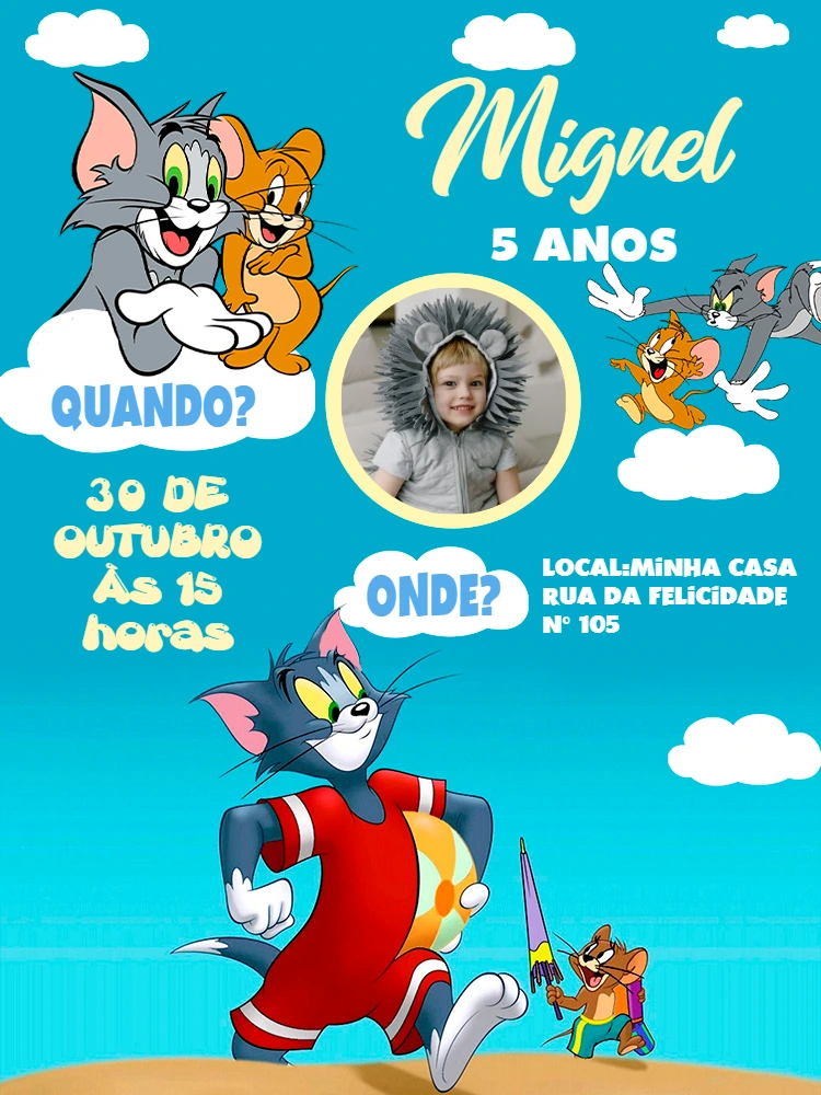 Convite Aniversário Tom e Jerry Praia com Foto para Editar