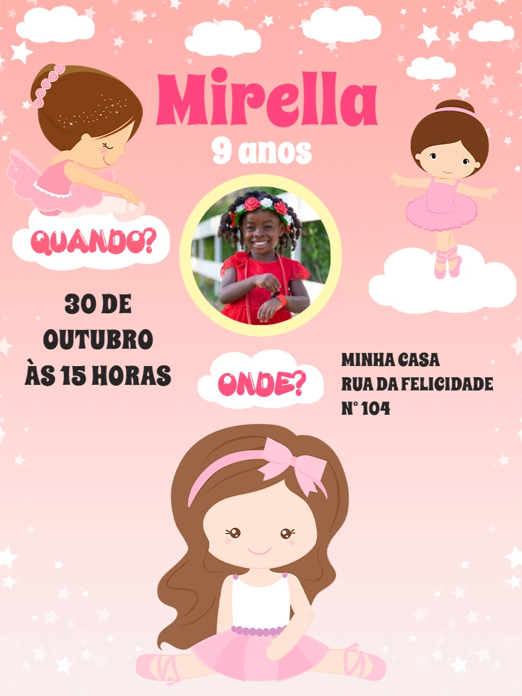 Convite Aniversário Bailarina com Foto para Editar Online