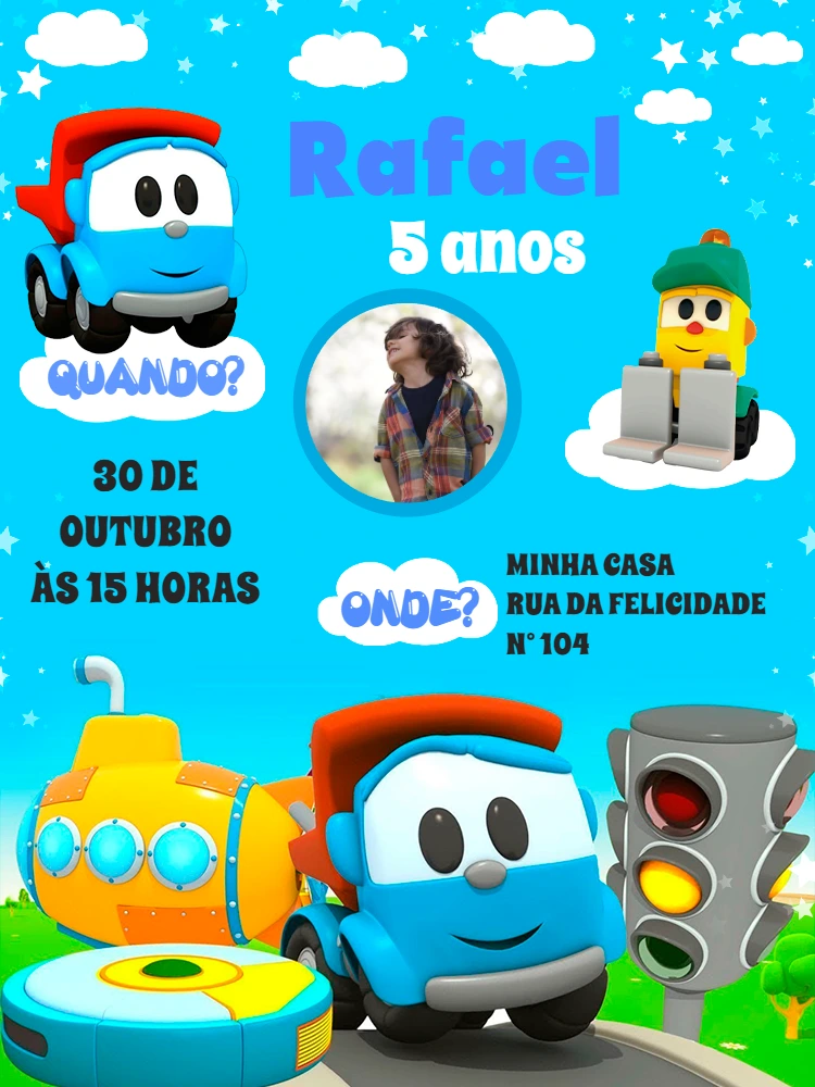 Convite Aniversário Léo o Caminhão com Foto para Editar Online