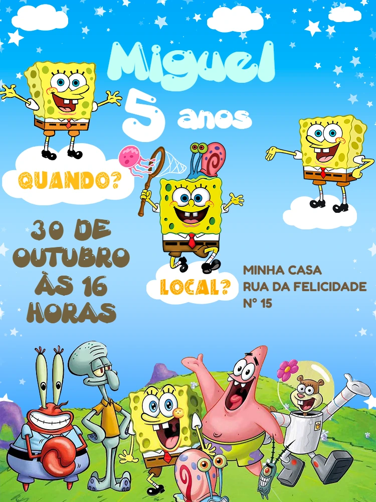 Convite de Aniversário Bob Esponja com a Turma para Editar
