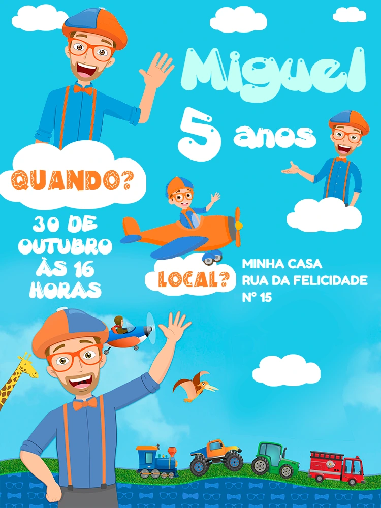 Convite de Aniversário Blippi para Editar e Imprimir