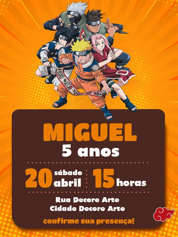 Convite de Aniversário Naruto com Personagens para Editar Online