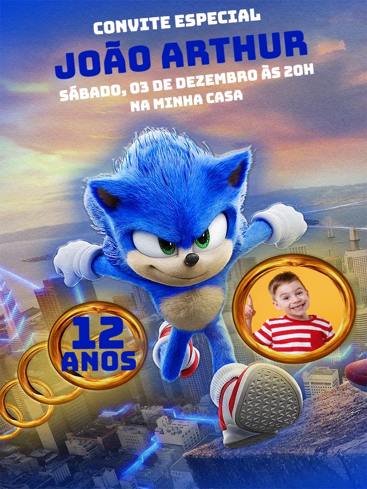 Convite de Aniversário Sonic com Foto para Editar Online