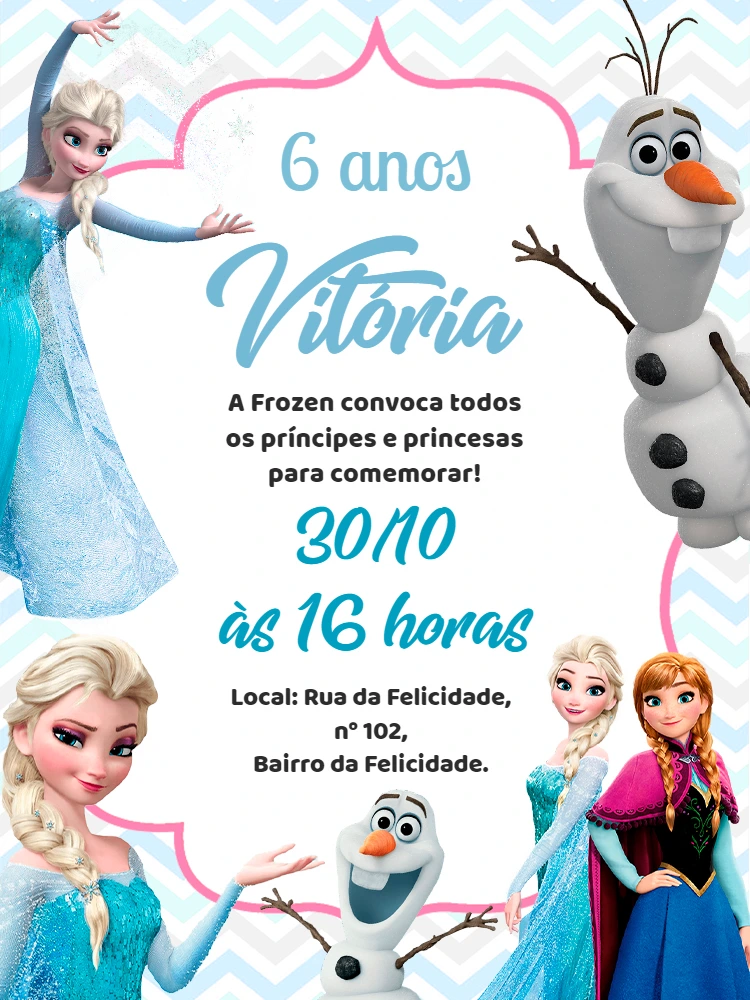 Convite de Aniversário Frozen com Elsa e Anna para Editar Online