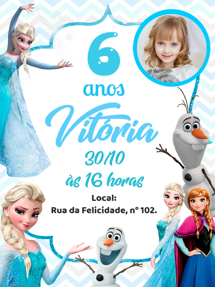 Convite Aniversário Frozen com Foto para Editar Online