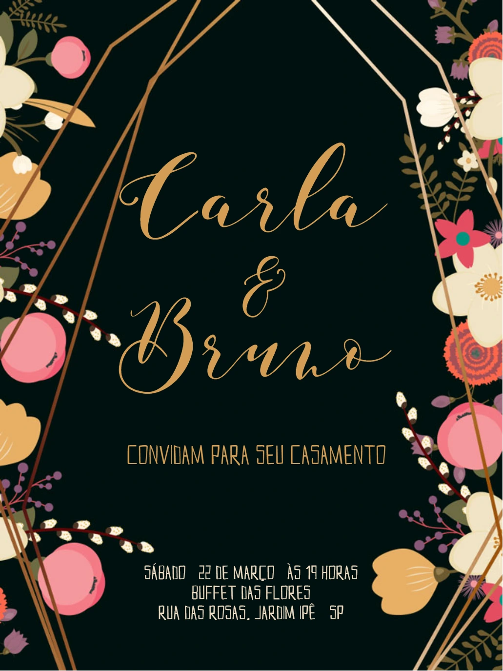Convite de Casamento Floral e Geométrico para Editar Online
