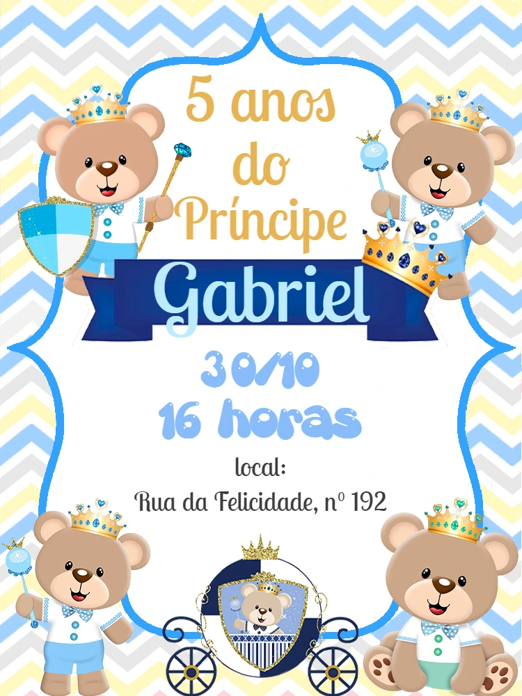 Convite de Aniversário Ursinho Príncipe para Editar Online