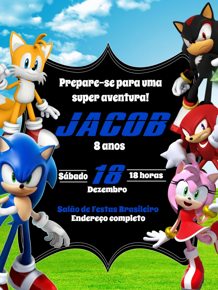 Convite de Aniversário Sonic com a Turma para Editar Online