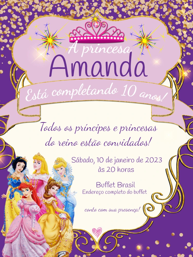 Convite de Aniversário Princesas Disney Editável Online