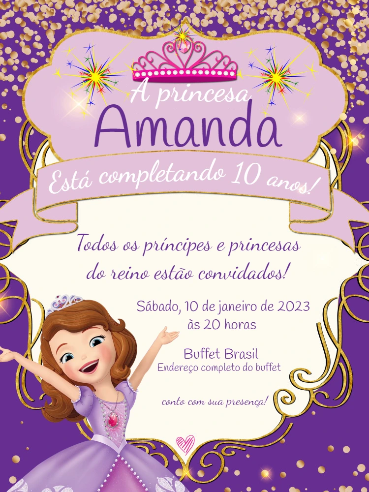 Convite Aniversário Princesa Sofia Roxo para Editar Online