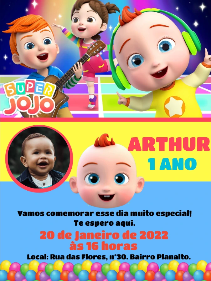 Convite Aniversário Super Jojo com Foto para Editar Online