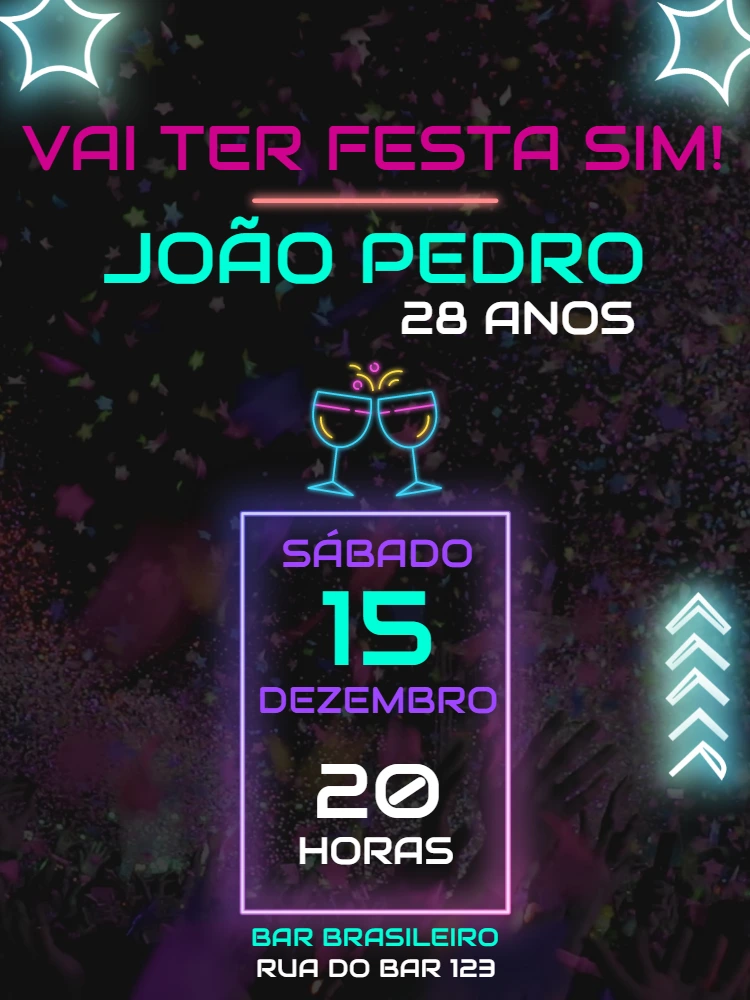 Convite de Aniversário Neon para Festa Balada Editável Online
