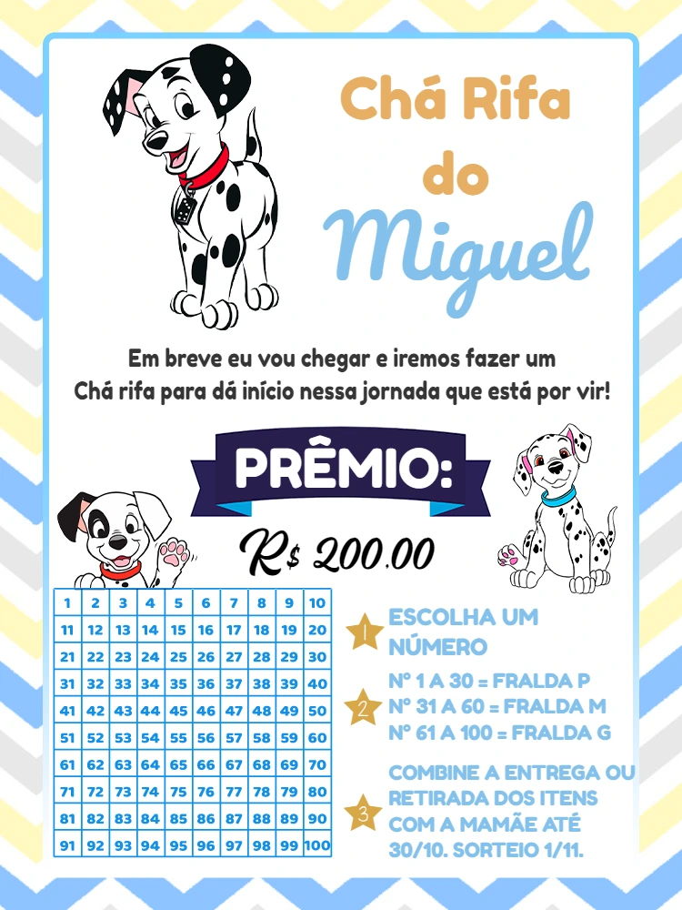 Convite Chá Rifa 101 Dálmatas para Editar e Imprimir