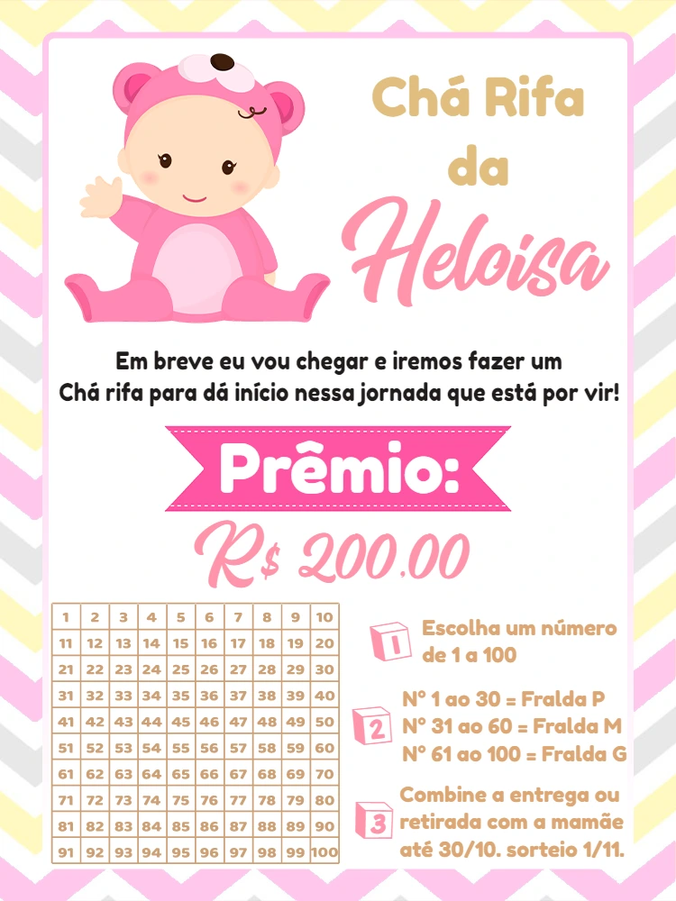 Convite Chá Rifa de Menina Ursinha Rosa para Editar Online