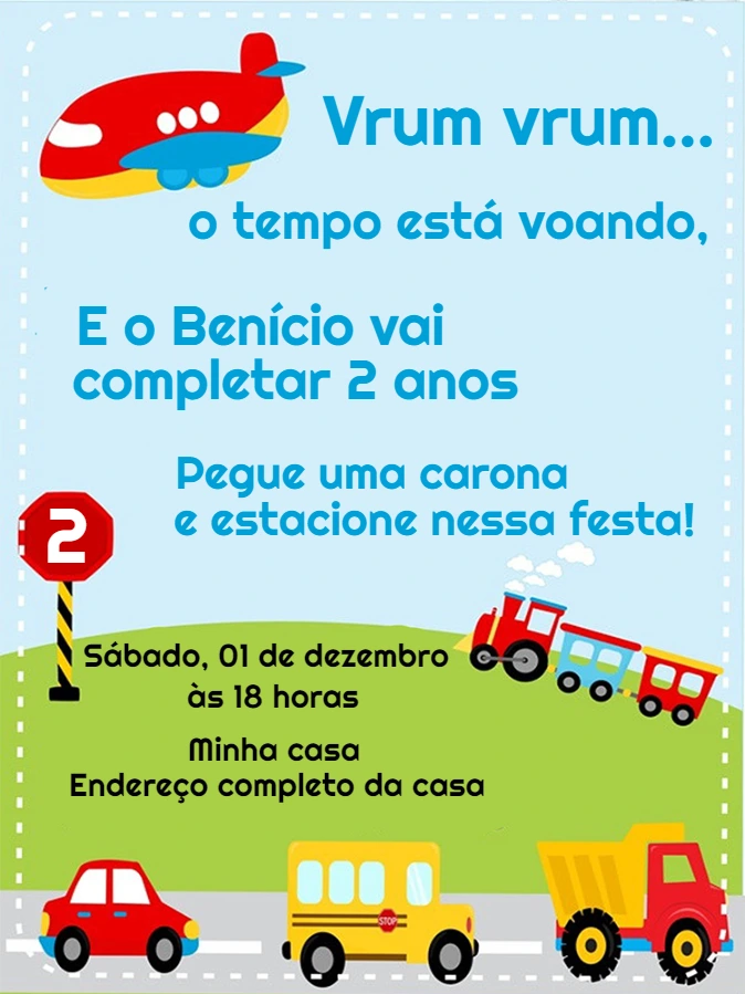 Convite de Aniversário Meios de Transporte Editável Online