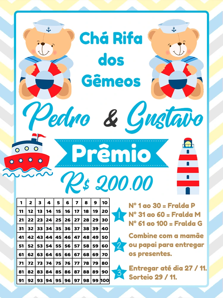 Rifa Chá de Bebê Gêmeos Ursinho Marinheiro para Editar