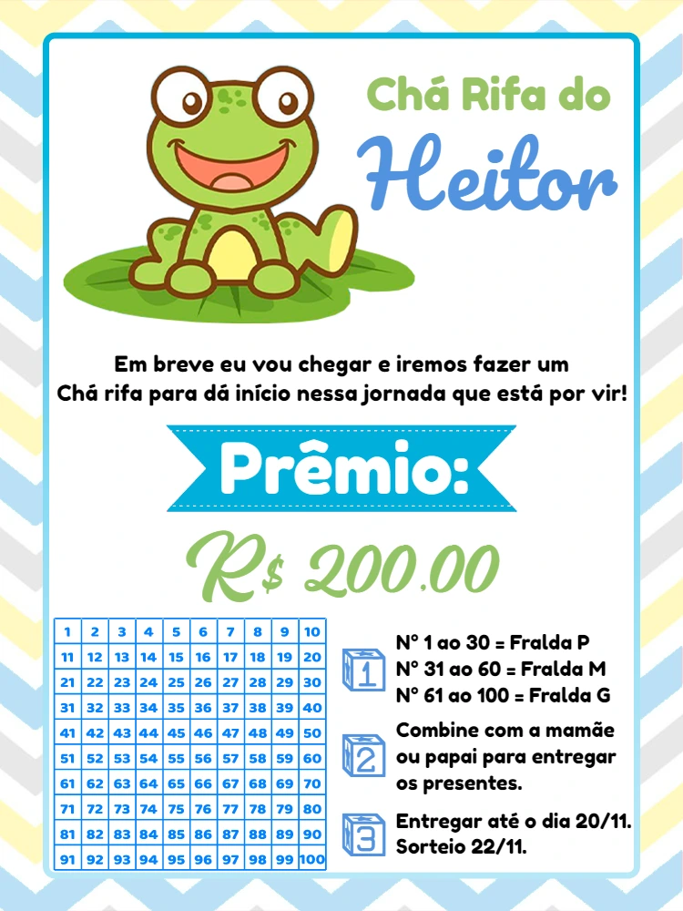 Convite Chá Rifa Sapo Editável para Menino Online