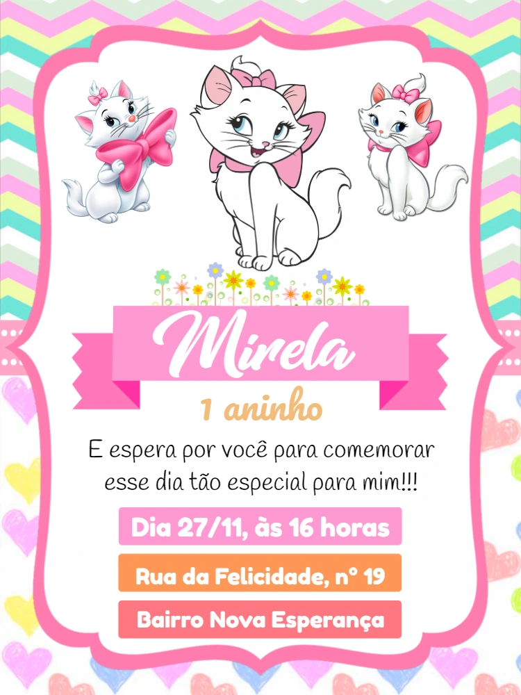 Convite Aniversário Gatinha Marie para Editar Online e Imprimir
