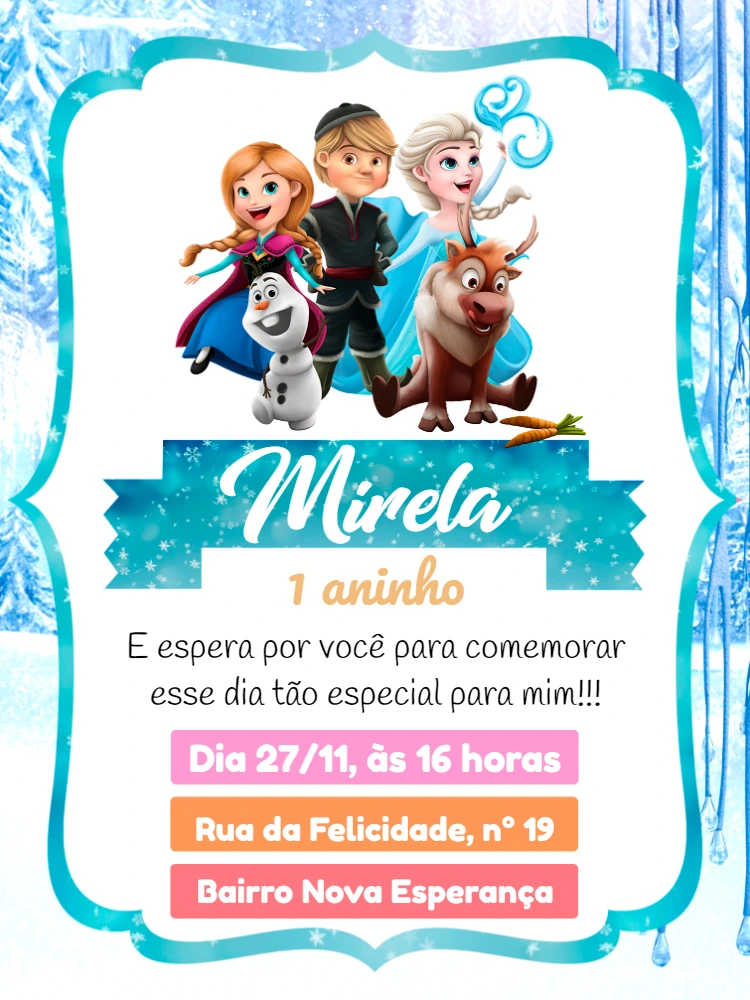 Convite de Aniversário Frozen com Personagens para Editar Online