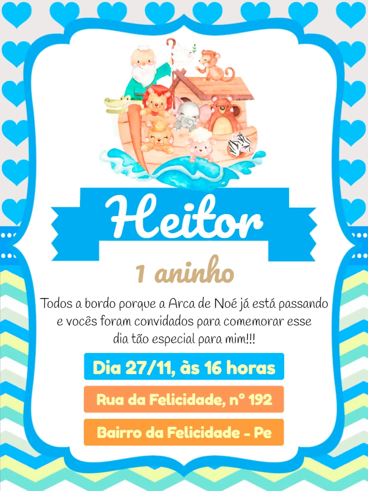 Convite de Aniversário Arca de Noé com Animais para Editar Online