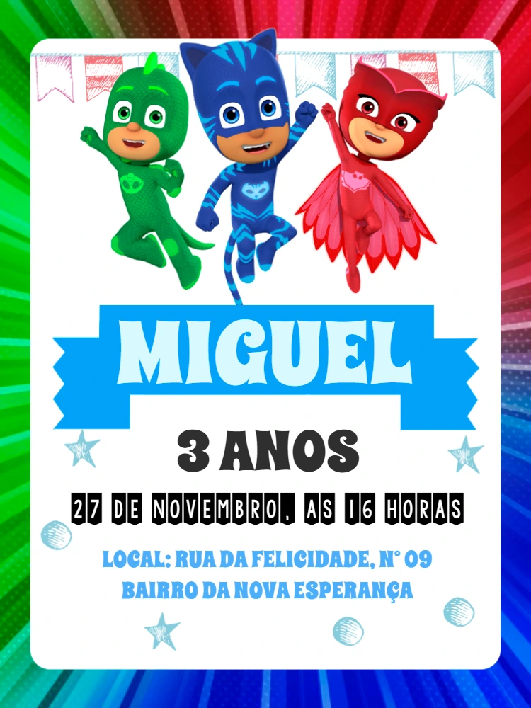 Convite Aniversário PJ Masks para Editar Online e Imprimir