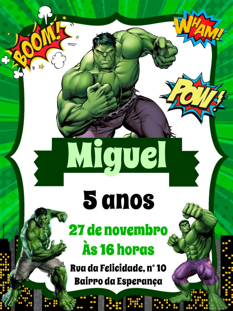 Convite Aniversário Incrível Hulk para Editar Online