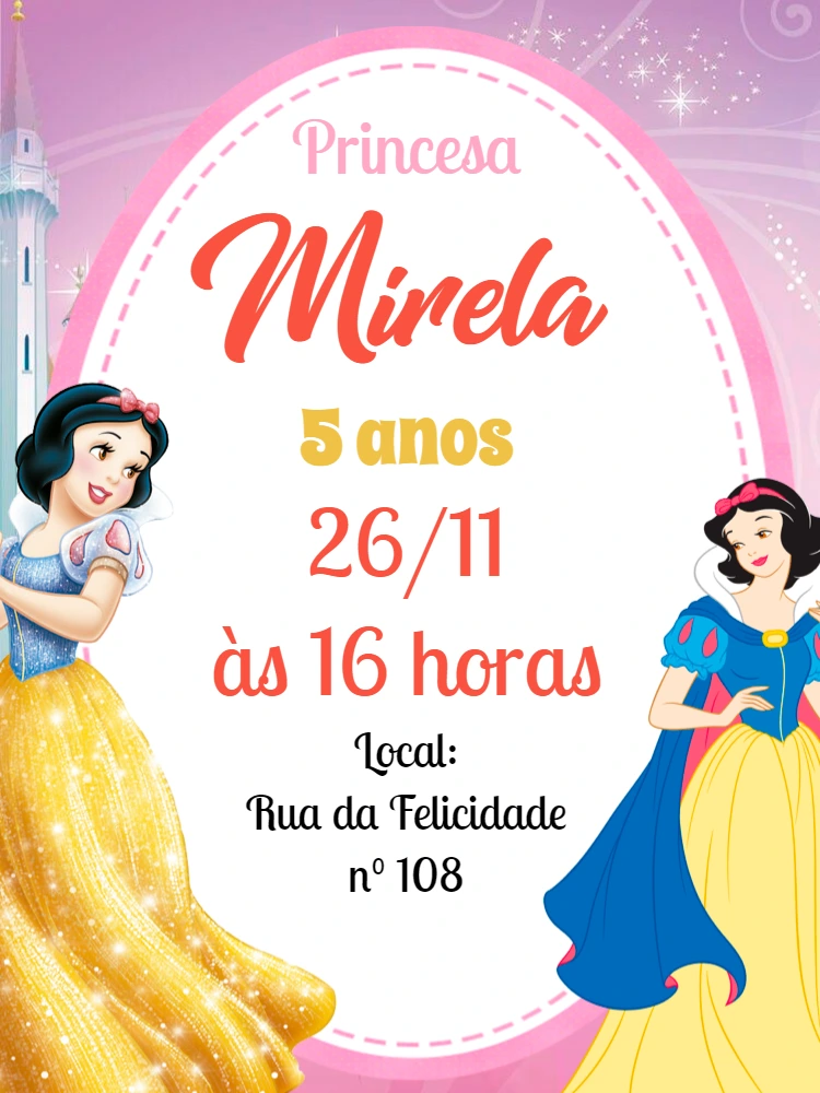 Convite de Aniversário Branca de Neve para Editar Online