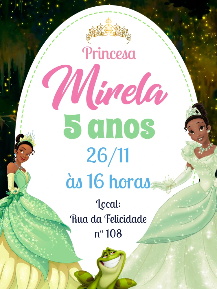 Convite de Aniversário Princesa Tiana para Editar Online