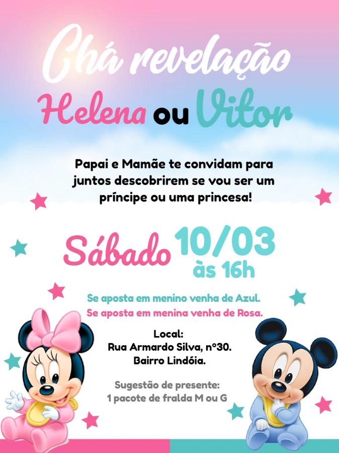 Convite Chá Revelação Minnie e Mickey Baby para Editar Online