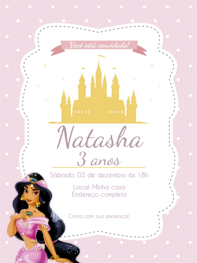 Convite Aniversário Princesa Jasmine Rosa para Editar Online