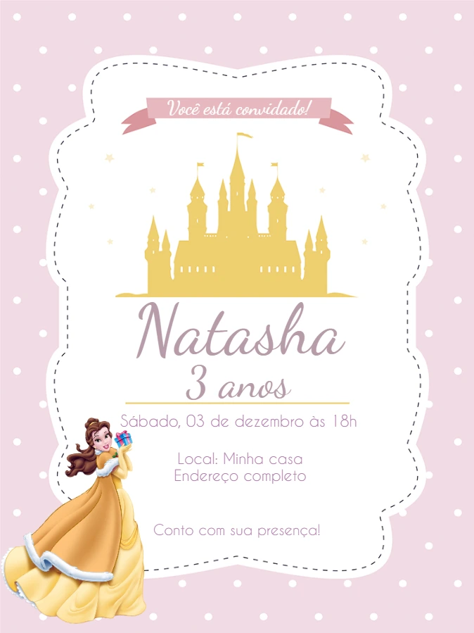 Convite de Aniversário Princesa Bela para Editar Online