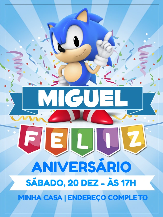 Convite de Aniversário Sonic Editável Online para Imprimir