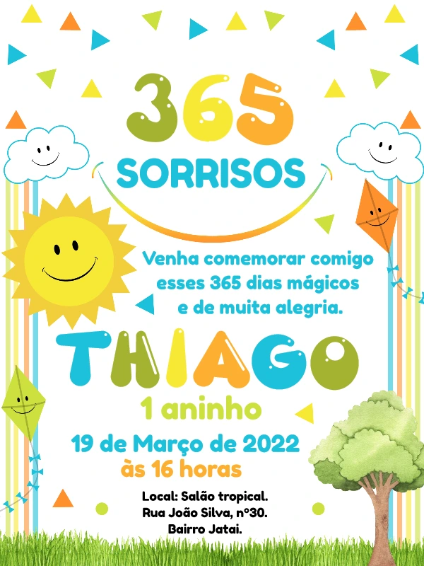 Convite Aniversário 365 Sorrisos Colorido para Editar Online