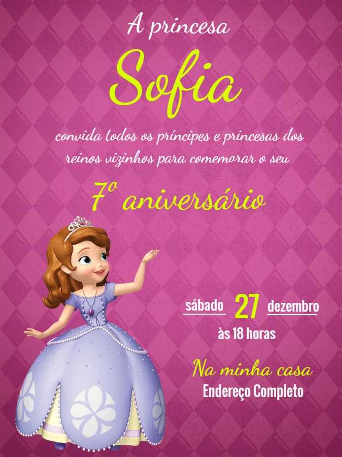 Convite Aniversário Princesa Sofia para Editar Online
