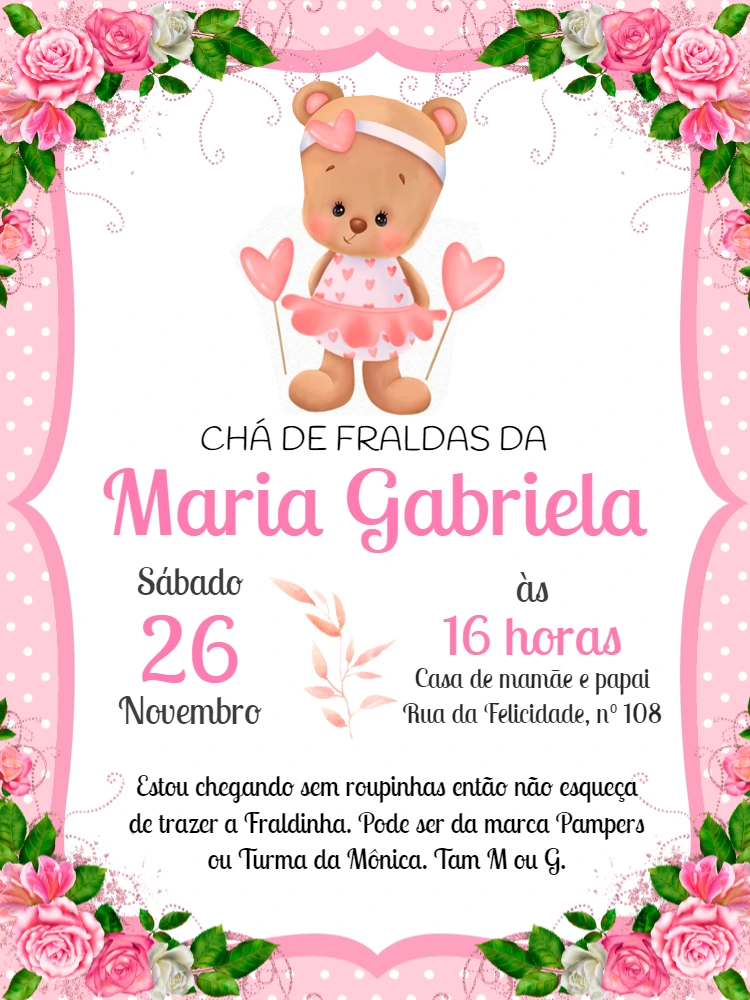 Convite Chá de Fraldas Ursinha Rosa para Editar Online