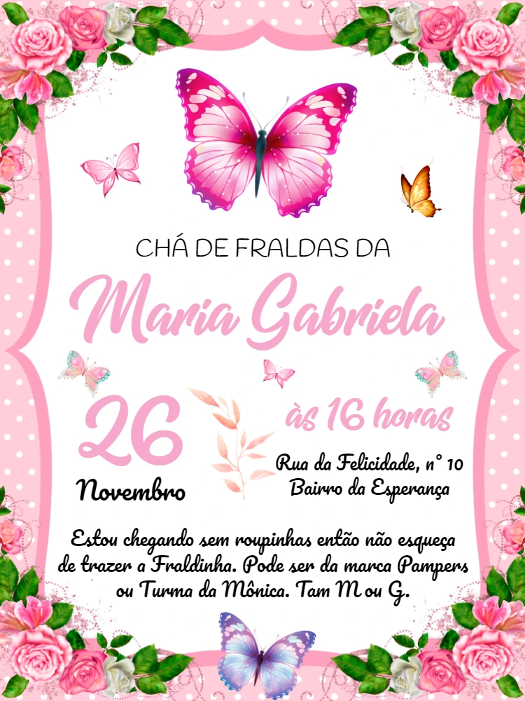Convite Chá de Fraldas Borboletas Rosa para Editar Online